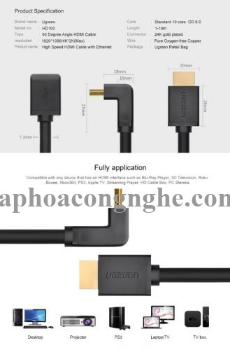 Ugreen 10123 5M màu Đen Cáp tín hiệu HDMI chuẩn 1.4 đầu bẻ góc 90 độ HD103 30010123